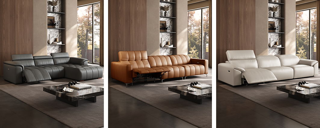 Set of leather sofas in white, brown, and black finishes with matching ottomans in a living room setup.