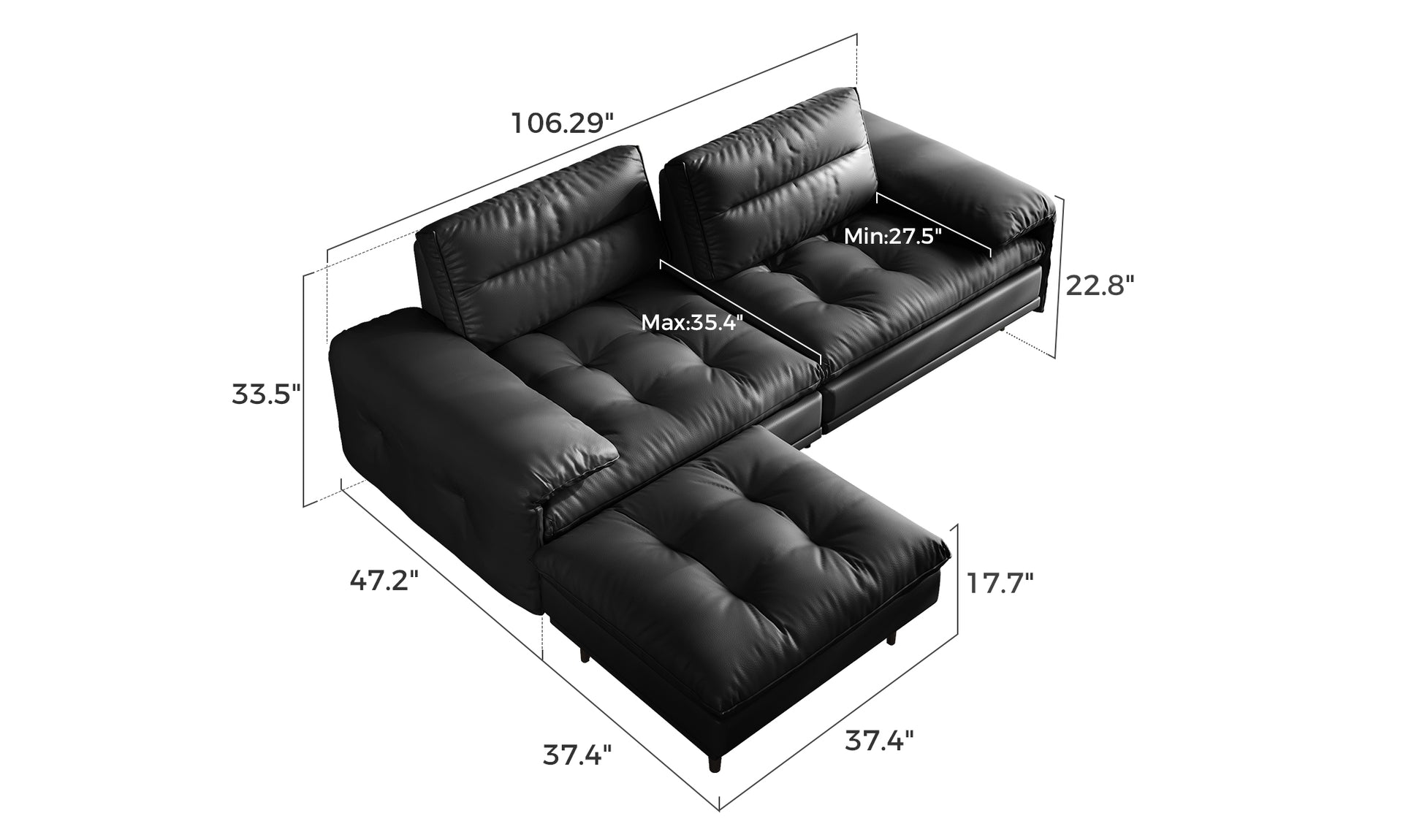 Tan leather ottoman with 17.7 inch height and 37.4 inch width