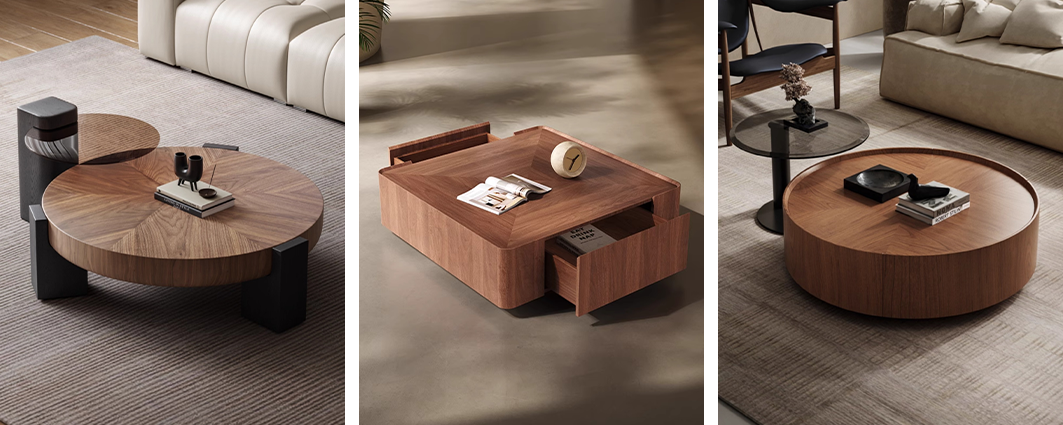 Round wooden coffee table with white countertops in living room