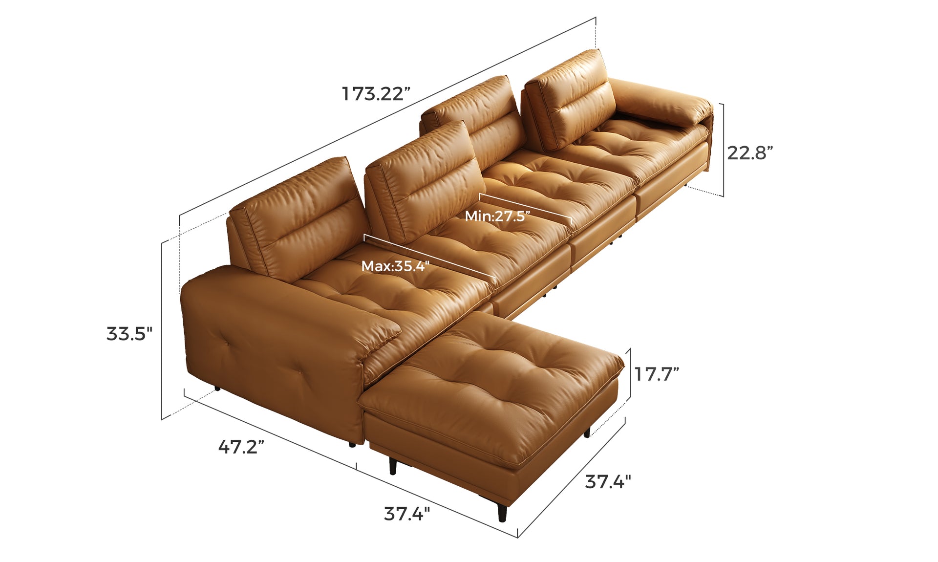 Brown leather sectional sofa with chaise lounge and ottoman in living room