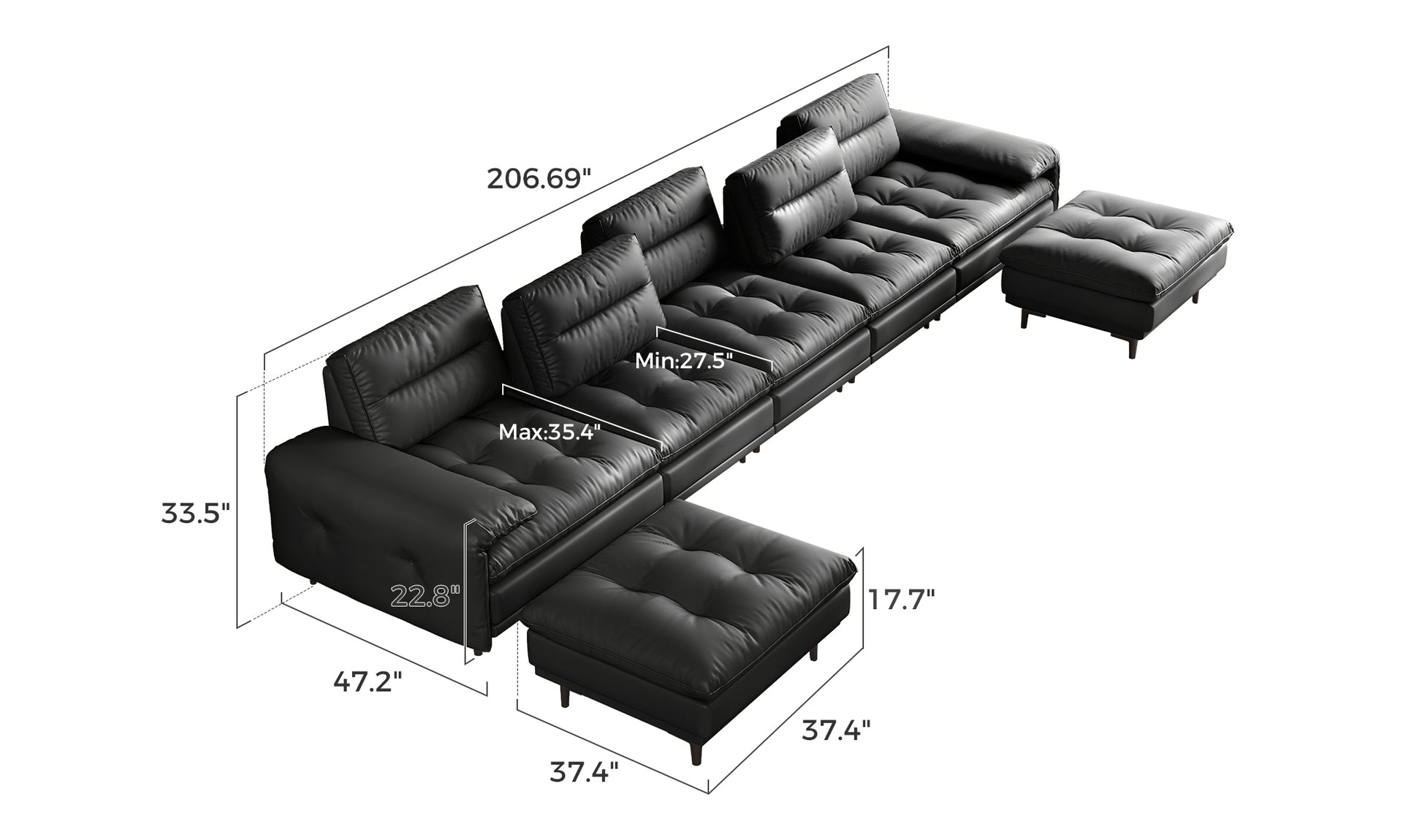 Beige leather sofa with chaise and ottoman in modern living room